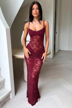 Lace Off-Shoulder Spaghetti Open Slit Slim Lace Dress