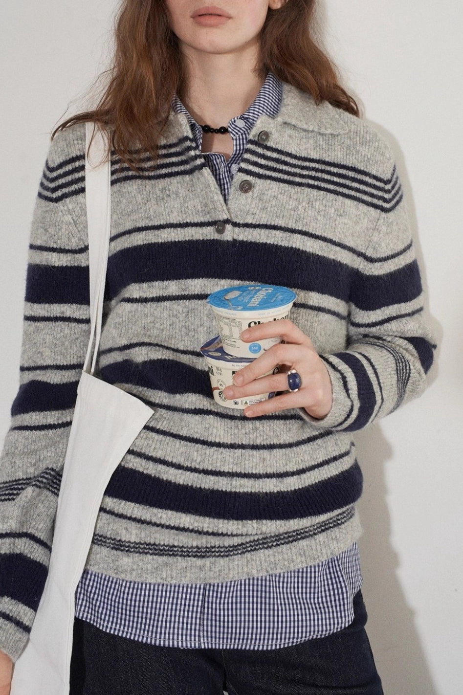Stripe Polo Collar Knit Top Secondary image