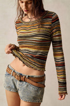 Retro Stripe Knit Cropped Long Sleeve T-Shirt
