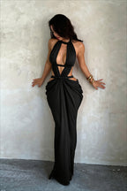 Cutout Halter Ruched Fitted Maxi Party Dress