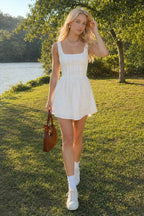 Semi-Sheer Solid Square Neckline Short Dress