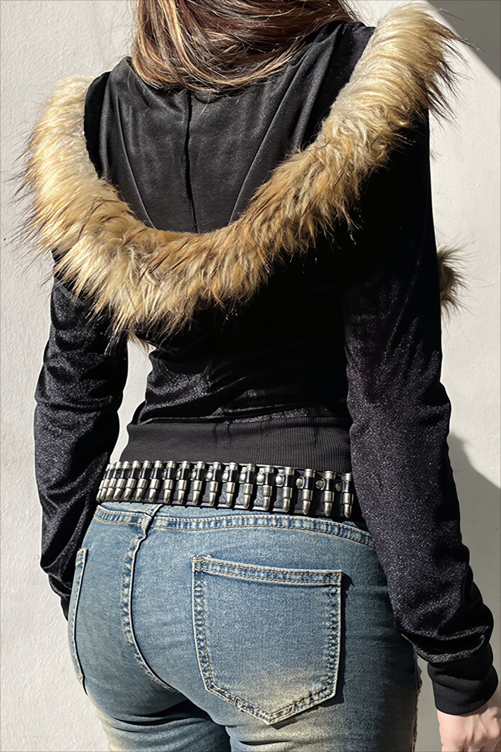 Velvet Fur Pocket Cropped Zip Hoodie