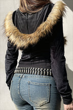 Velvet Fur Pocket Cropped Zip Hoodie