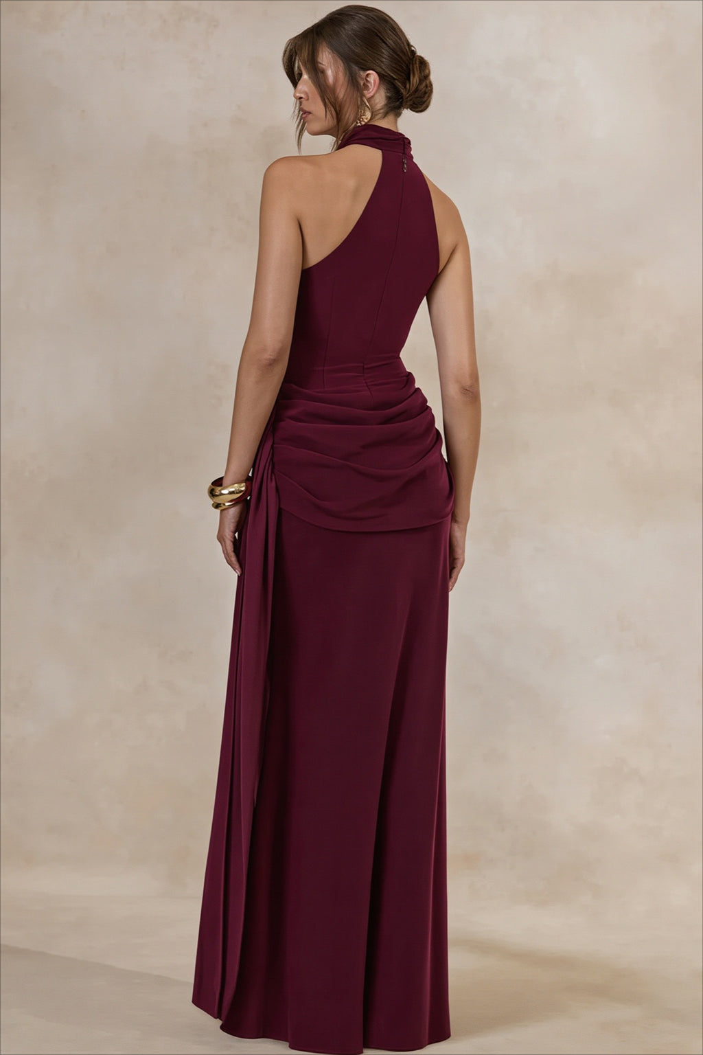 Scarf Halter Draped Ruched Maxi Dress