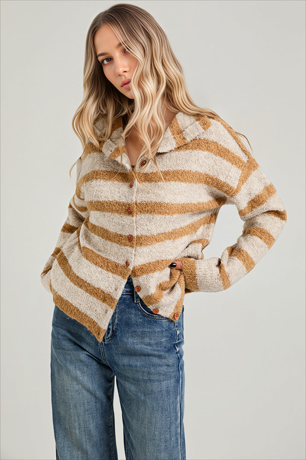 Horizontal Stripe Collared Button Front Cardigan Sweater