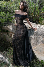 Lace Insert Off Shoulder Maxi Formal Dress