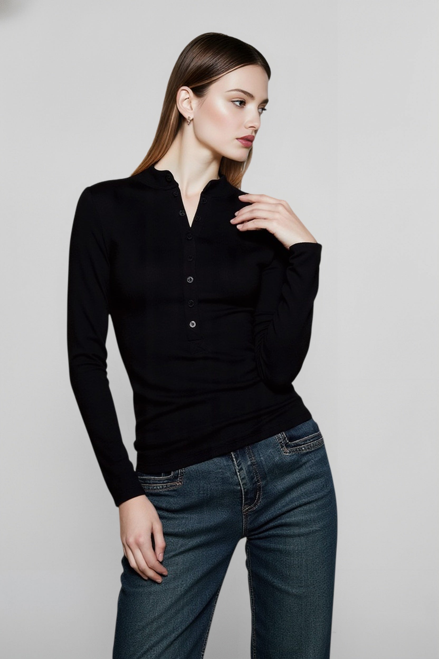 Fitted Henley Button Slim Crew Neck Long Sleeve Blouse Secondary image