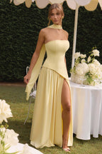 Strapless Contrast Panel High Slit Party Dress