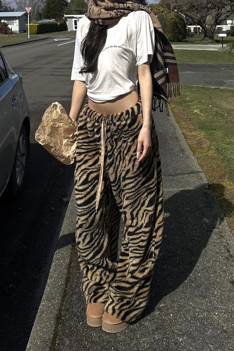 Tiger Print Fleece Drawstring Wide Leg Pants