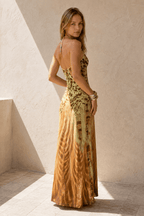 Printed V Neck Cami Slim Bodycon Maxi Dress