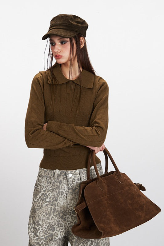 Ribbed Polo Neck Cropped Knit Top Main image