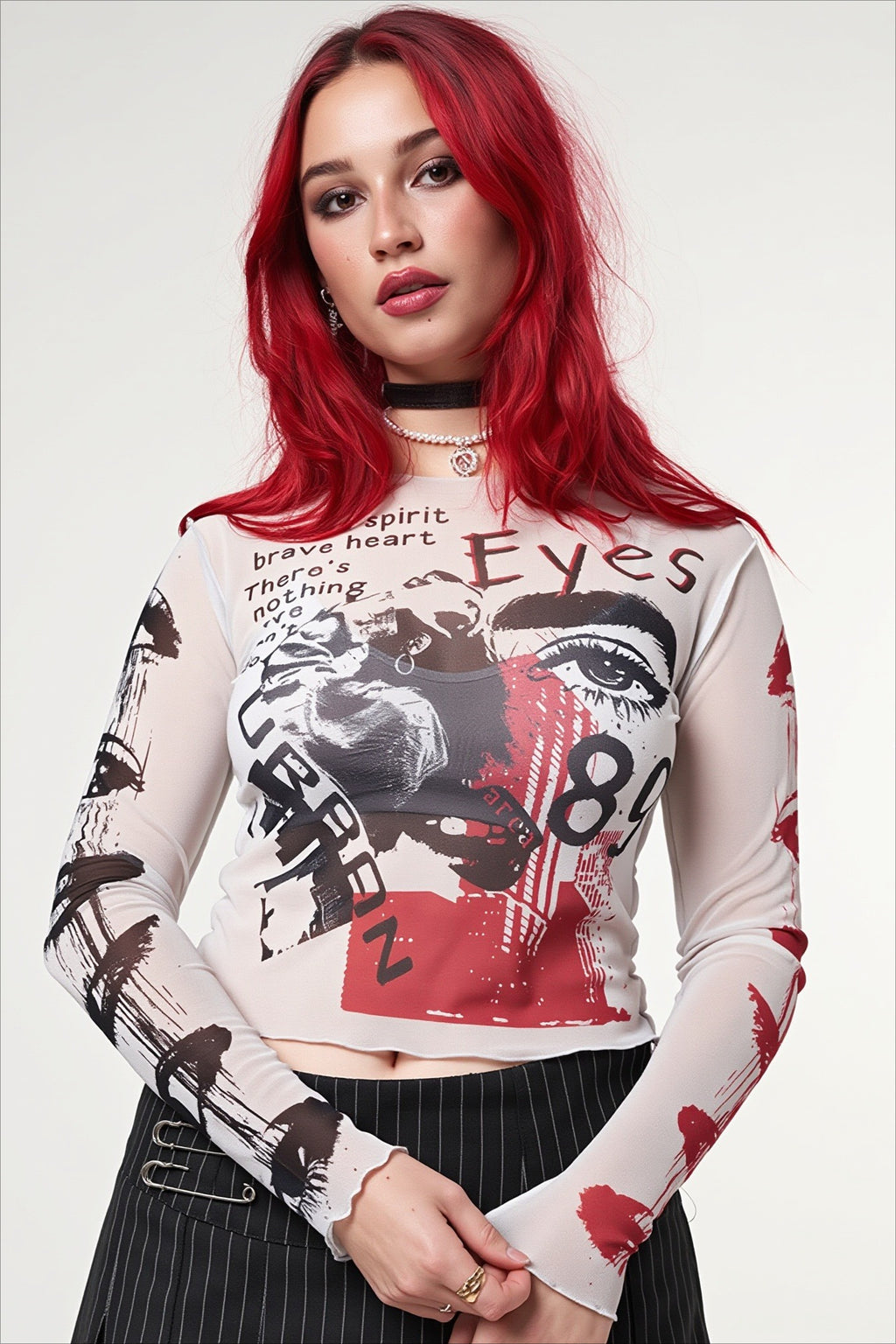 Vintage Collage Sheer Long Sleeve Crop T-Shirt