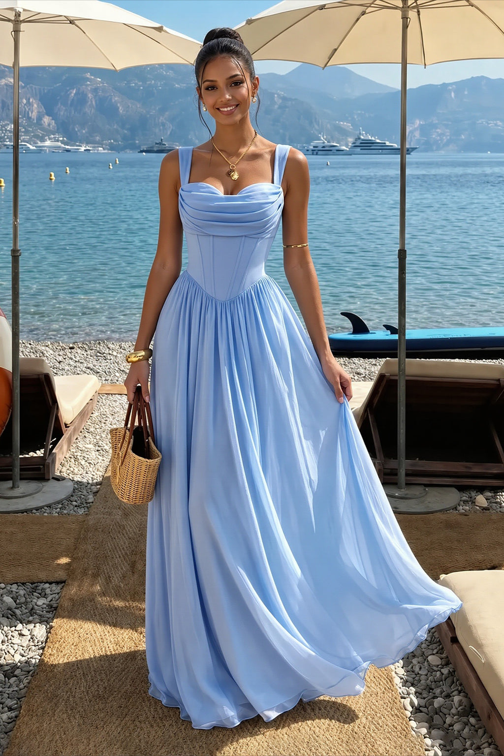 Corset Bodice Ruched Strap Flared Maxi Dress