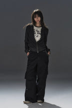 Black Pinstripe Belted Zip Up Hoodie