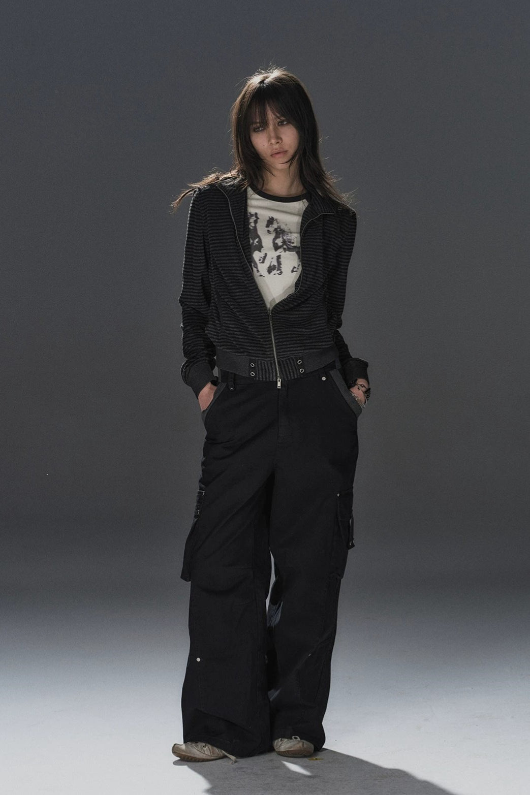 Black Pinstripe Belted Zip Up Hoodie