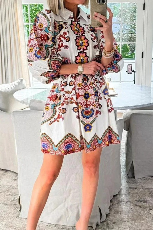 Ethnic Floral Lantern Sleeve Collared Boho Dress Secondary image
