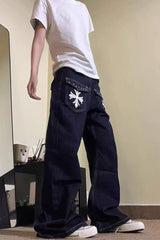 Vintage Washed Cross Print Bootcut Wide Leg Plus Size Jeans