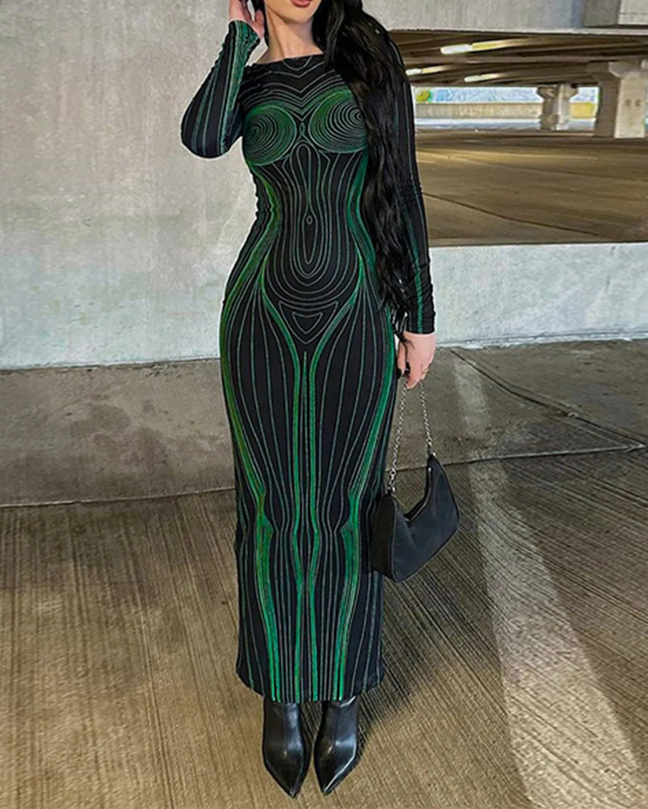 Striped See Through Bodycon Maxi Dress Secondary image