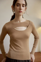Sheer Panel Slim Wool Knit Top