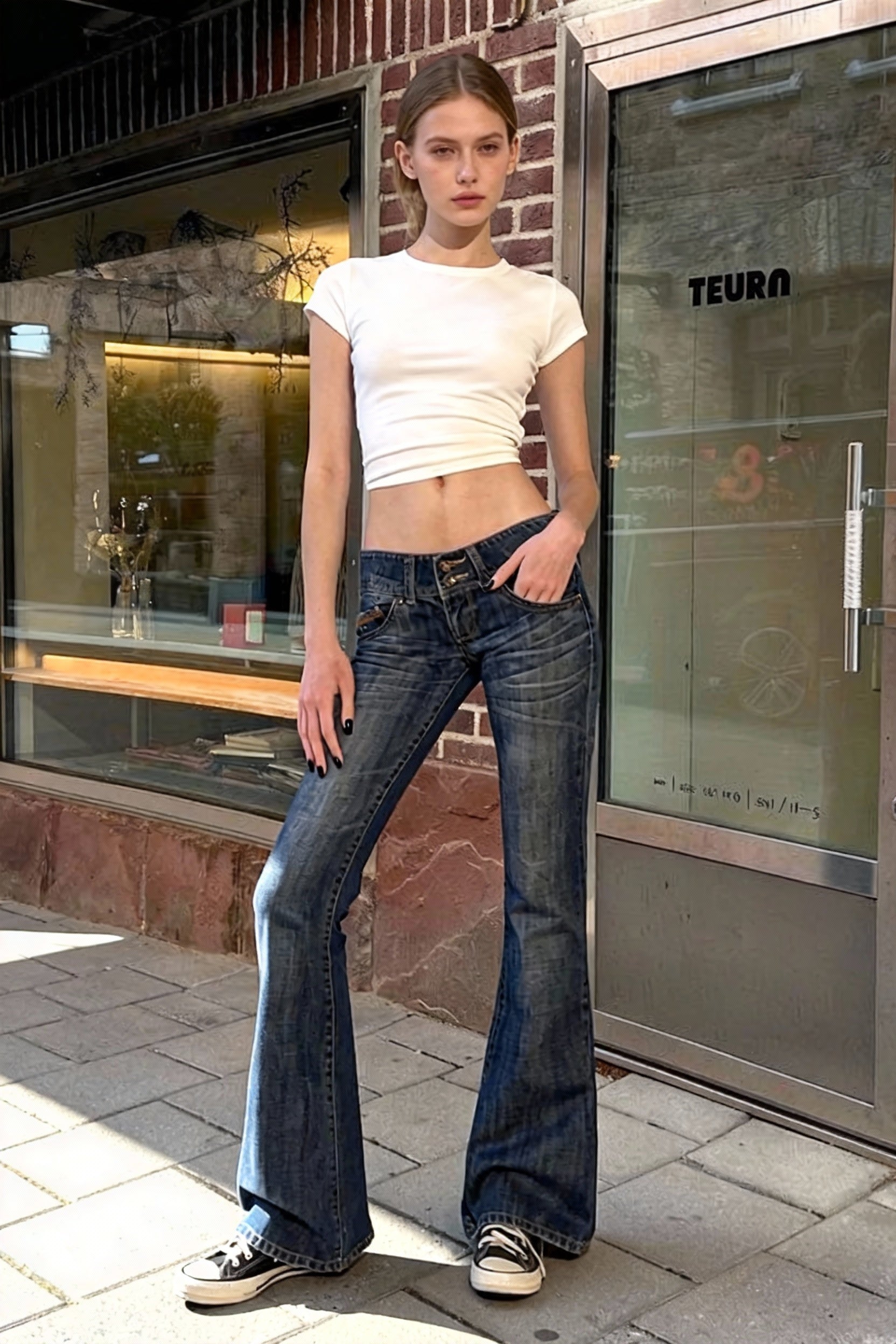 Low Waisted Washed Slim Flared Leg Jeans Main image