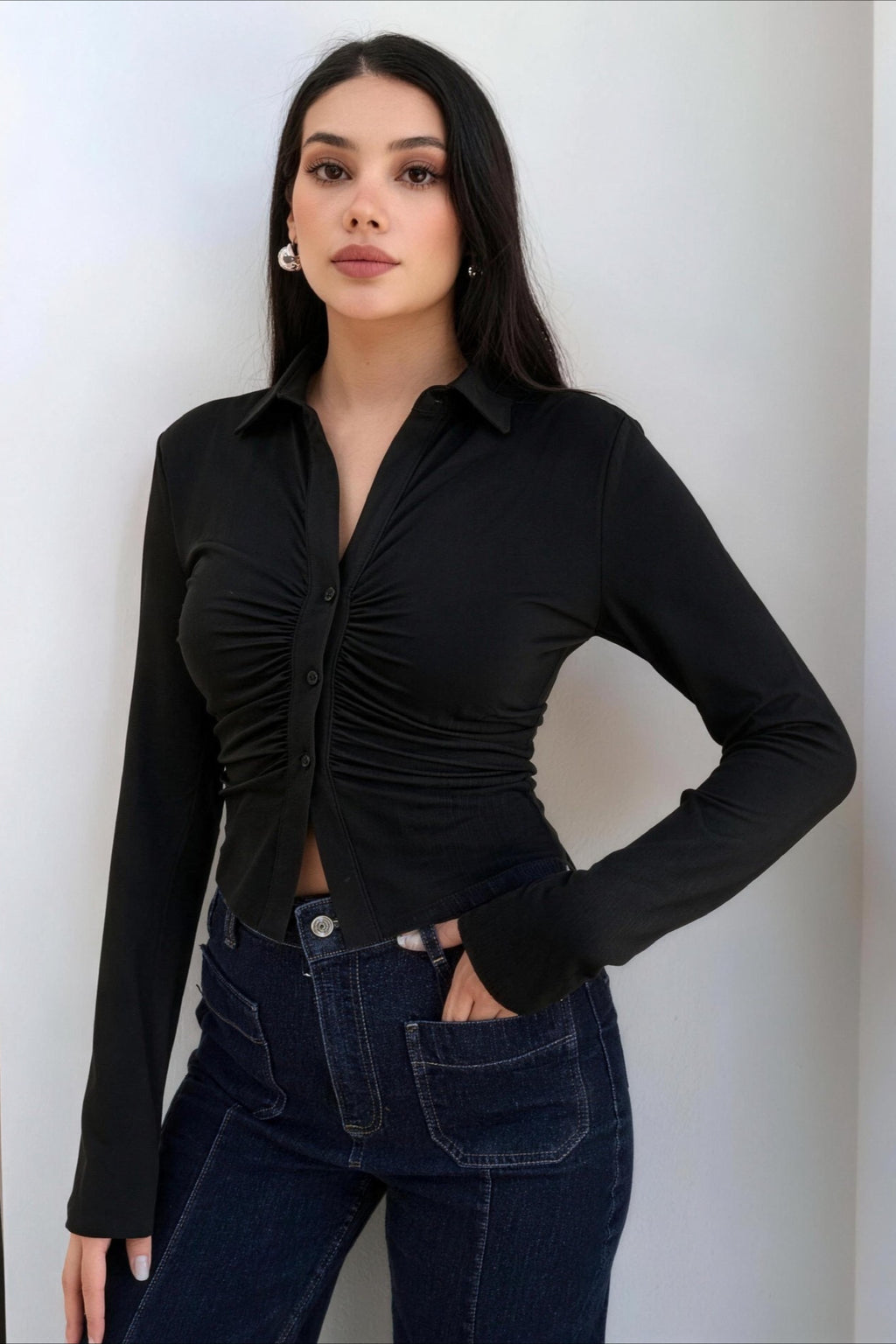 Ruched Front Stretch Fitted Long Sleeve Blouse