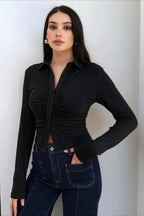 Ruched Front Stretch Fitted Long Sleeve Blouse