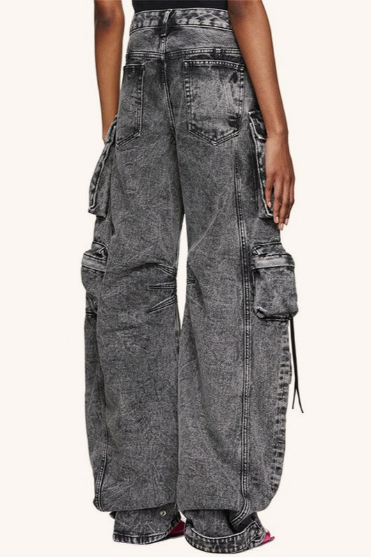 Street Style Washed Gray Patchwork Multi Pocket Cargo Wide Leg Pants Secondary image