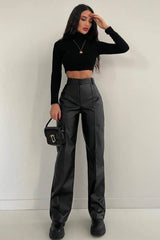 Slim Fit PU Edgy Straight Leg Casual Fashion Pants