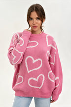 Heart Outline Motif Oversized Crew Neck Sweater