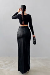 Solid Leather High Waist Slit Skirt
