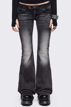 Wing Embroidered Low Rise Flare Leg Jeans
