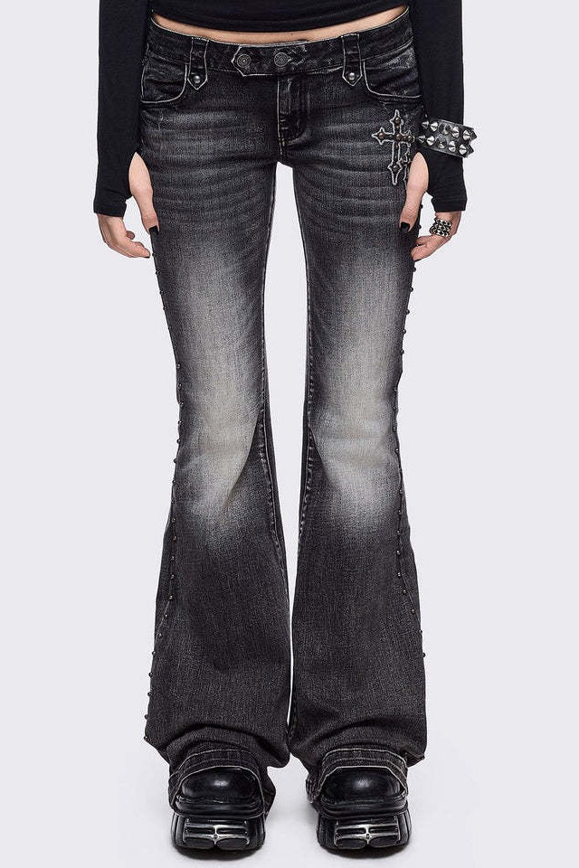 Wing Embroidered Low Rise Flare Leg Jeans