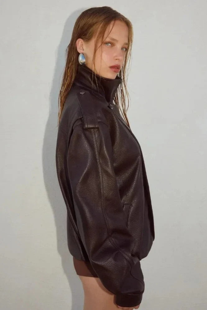 Stand Collar Zip Up Leather Jacket Secondary image