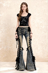 American Retro Lace Strap Slit Bell-bottom Jeans