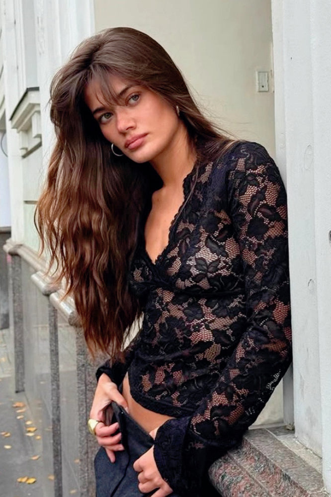 Sheer Lace V-Neck Long Sleeve Crop Top Main image