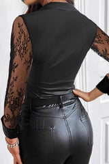 Lace Leather Panel Sheer Sexy Long Sleeve Chic Blouse
