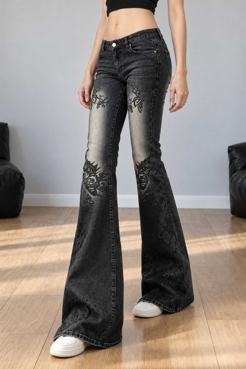 Vintage Plant Print Flared Jeans