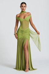 Strapless Backless Mesh Ruched Slit Party Dress