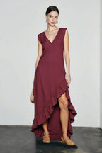 Romantic V Neck Ruffle Linen Vacation Dress