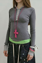 Striped Cross Pendant Fitted Zip Hoodie