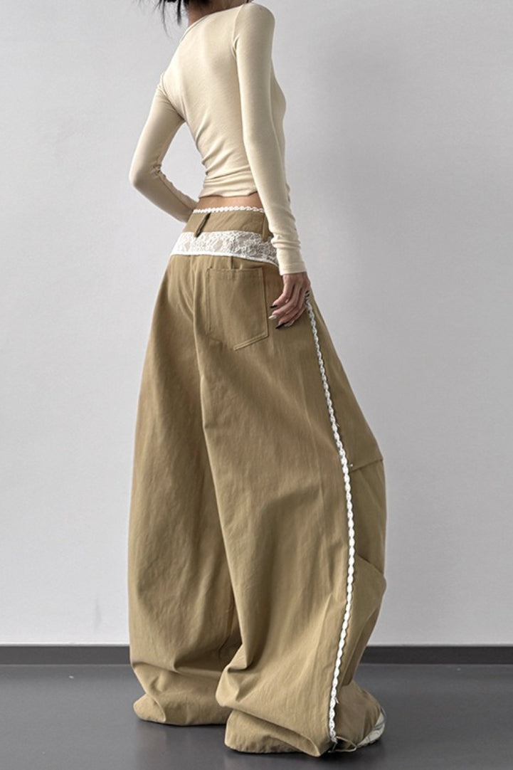 Vintage Lace Patchwork Bow High Waist Slim Wide Leg Pants Secondary image