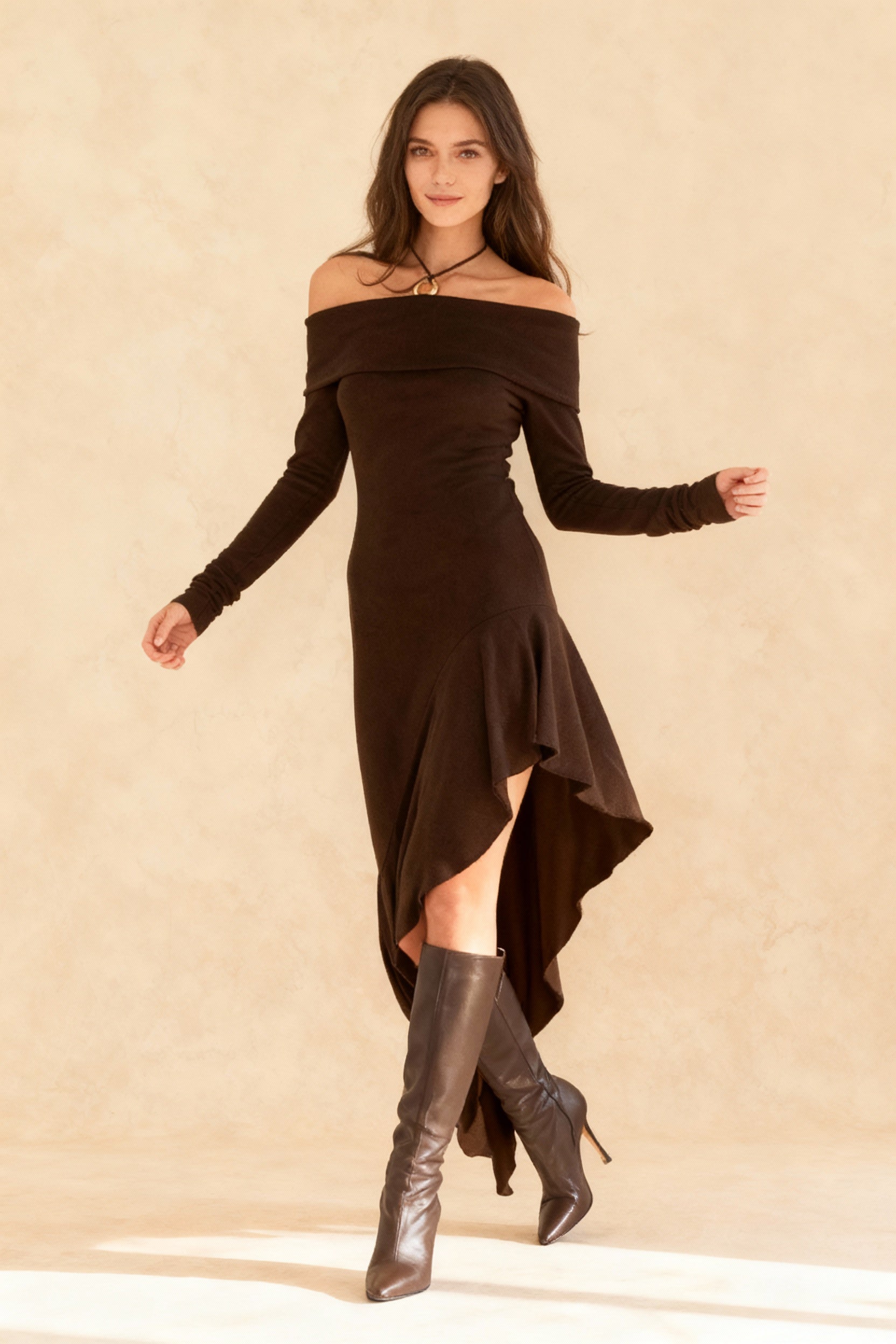 Off Shoulder Ruffle Hem Knit Dress Main image