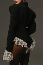 Lace Paneled Blazer Style V Neck Slim Bodysuit