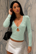 Ruched V Neck Keyhole Long Sleeved T-shirts