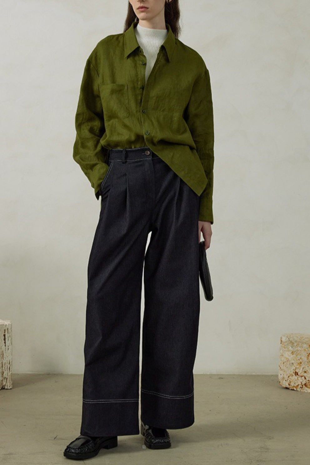 Linen Green Oversized Versatile Long Sleeve Blouse Secondary image