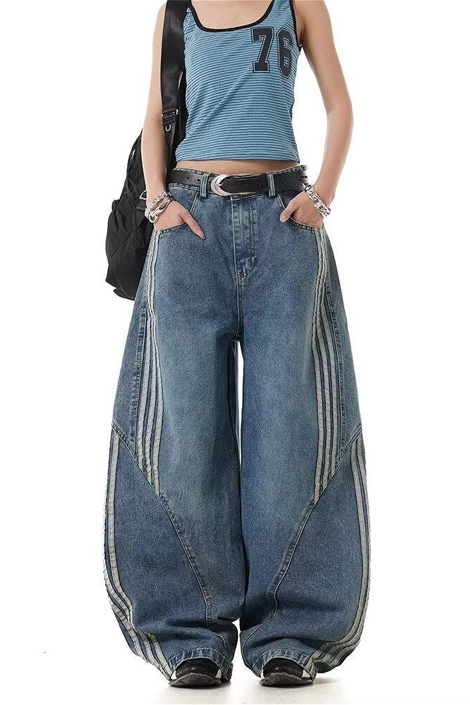 Deconstructed Stripe Panel Wide Leg Jeans
