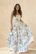 Rayon Printed Strap Pleated Chic Maxi Dress