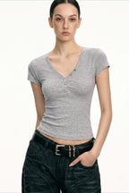 Soft-Touch V-Neck Button Fitted Crop Top