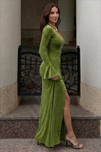Deep V-Neck Button Front Flare Sleeve Work Dress