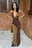 Color Block Satin Halter Maxi Dress